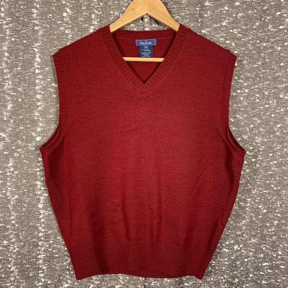 Faconnable Red V-Neck Sweater Vest Pullover Merino Wool Preppy Men's Medium